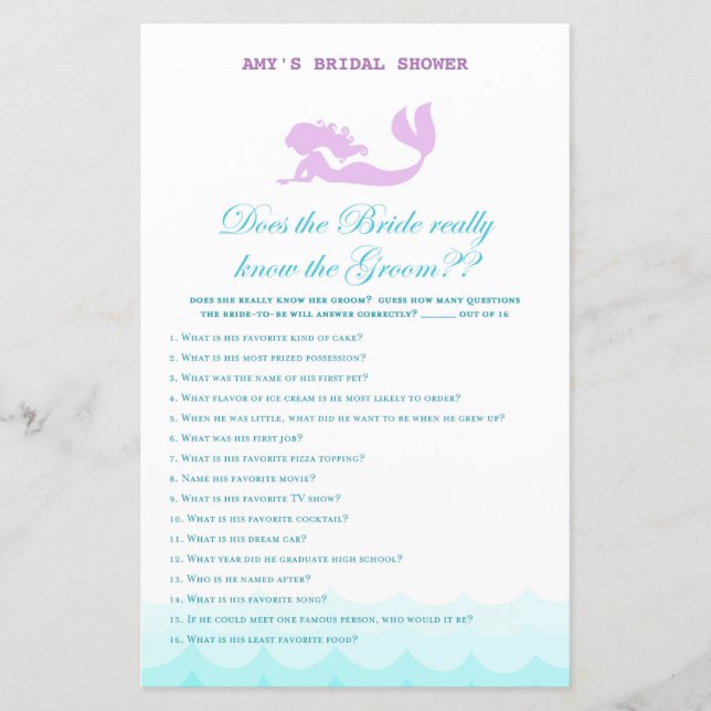 Printed Mermaid Bridal Shower Game, Wedding Shower (Front)
