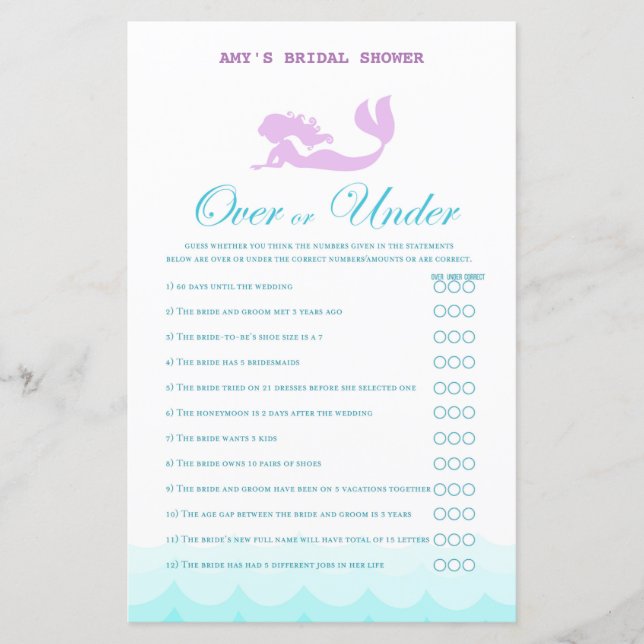 Printed Mermaid Bridal Shower Game, Wedding Shower (Front)