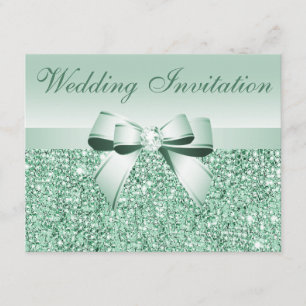 Printed Mint Green Sequins, Bow & Diamond Wedding Invitation