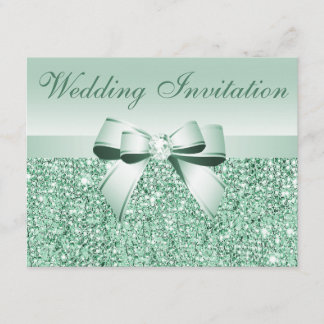Printed Mint Green Sequins, Bow & Diamond Wedding Invitation