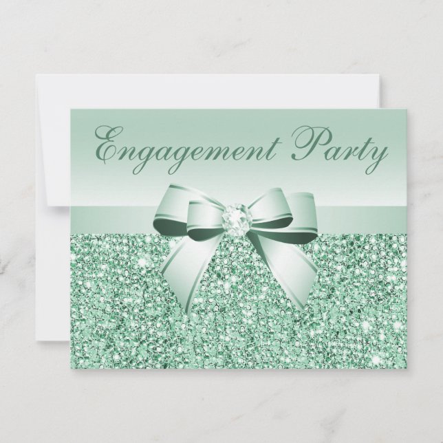 Printed Mint Sequins, Bow & Diamond Engagement Invitation (Front)