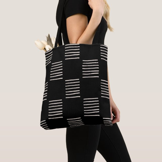 Printed Mud Cloth Tote Bag, Black Lines Bag (Close Up)