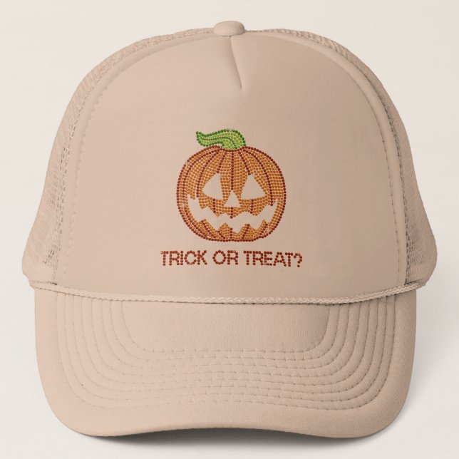 Printed Rhinestone Pumpkin Trick or Treat Trucker Hat (Front)