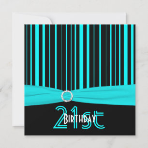 PRINTED RIBBON Aqua and Black Stripe 21st Birthday Invitation