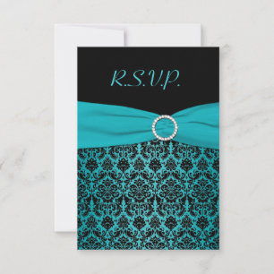 PRINTED RIBBON Aqua, Black Damask Reply Card