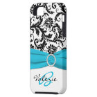 PRINTED RIBBON Aqua, Black, White Floral Damask