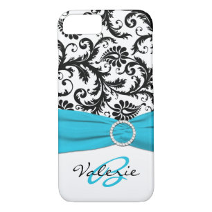 PRINTED RIBBON Aqua, Black, White Floral Damask iPhone 8/7 Case