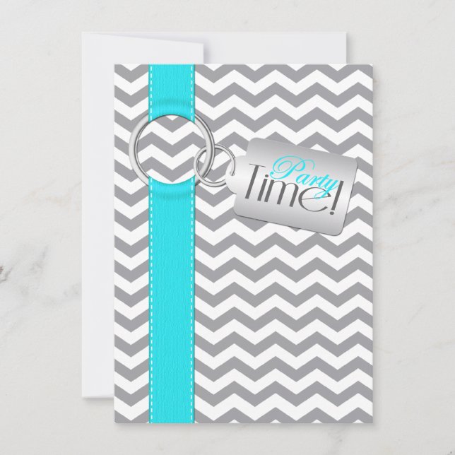 PRINTED RIBBON Aqua Grey White 21st Birthday Party Invitation (Front)