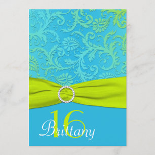 PRINTED RIBBON Aqua, Lime Sweet 16 Invite
