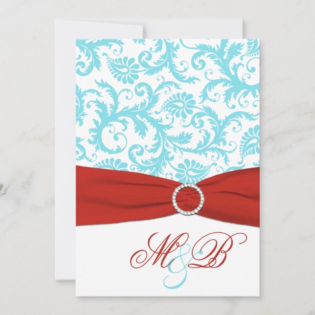 PRINTED RIBBON Aqua Red White Damask Invite (Front)