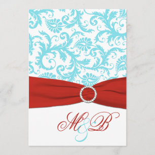 PRINTED RIBBON Aqua Red White Damask Invite