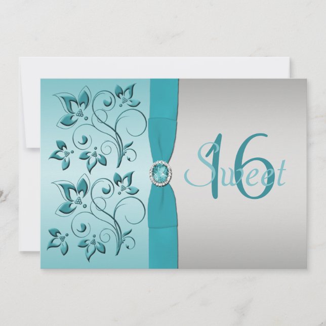 PRINTED RIBBON Aqua, Silver Sweet 16 Party Invite (Front)