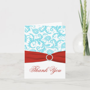 PRINTED RIBBON Aqua White Red Damask Thank You Card