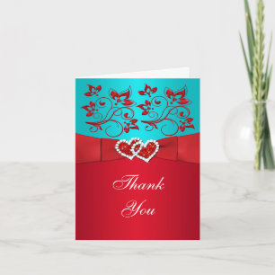 PRINTED RIBBON Aqua White Red Floral Thank You Card