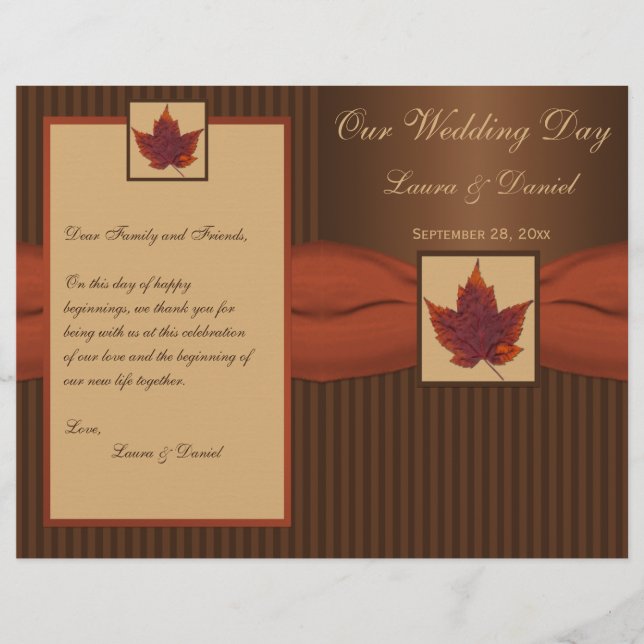 PRINTED RIBBON Autumn Leaf, Stripe Wedding Program (Front)