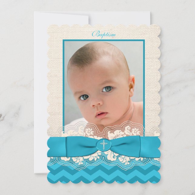 PRINTED RIBBON Baptism Photo Invite - Blue Chevron (Front)