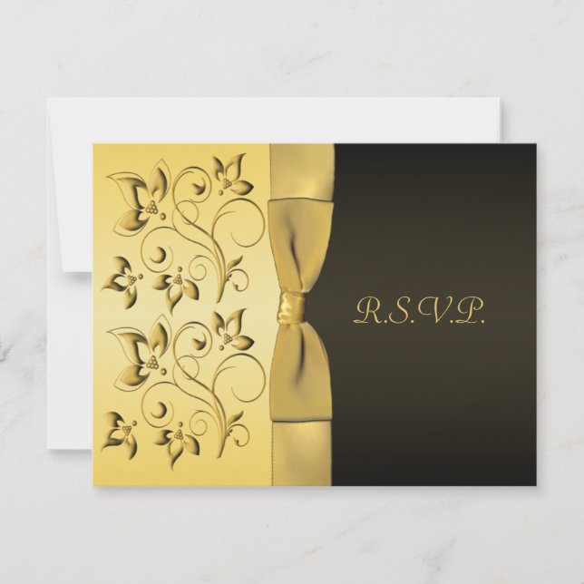 PRINTED RIBBON Black, Gold Floral RSVP Card (Front)