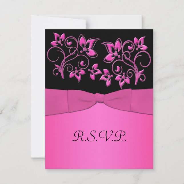 PRINTED RIBBON Black, Pink Floral RSVP Card (Front)