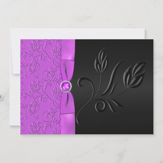 PRINTED RIBBON Black, Purple Floral Wedding Invite (Front)