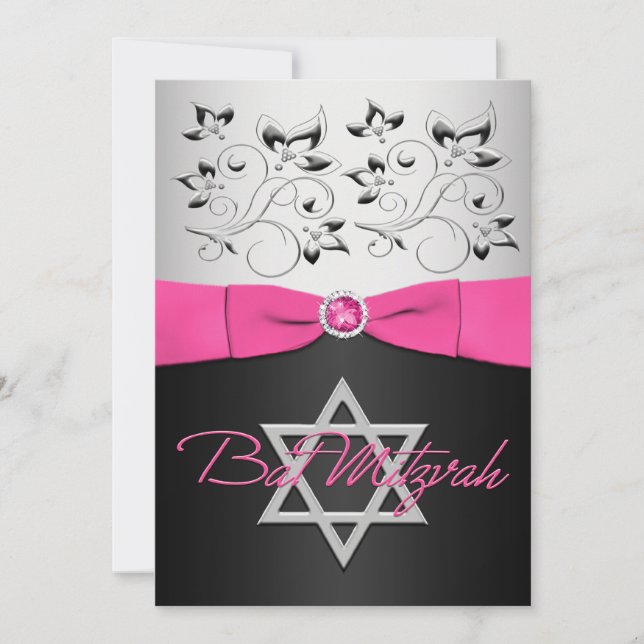 PRINTED RIBBON Black, Silver, Pink Floral Invitation (Front)