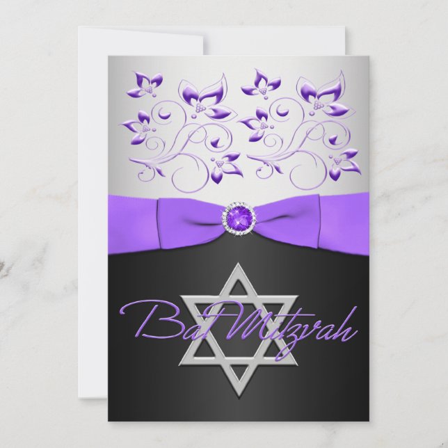 PRINTED RIBBON Black, Silver, Purple Floral Invitation (Front)