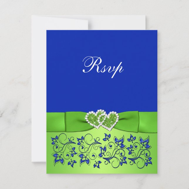 PRINTED RIBBON Blue Green Floral Hearts Reply Card (Front)