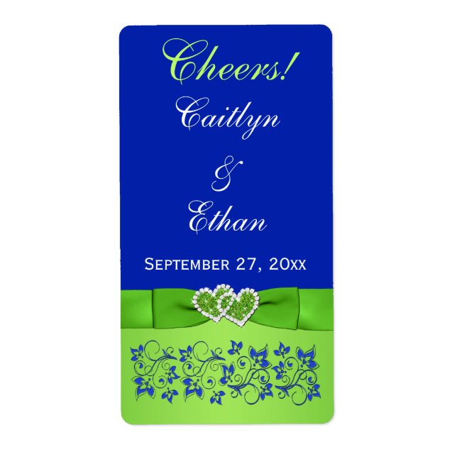 PRINTED RIBBON Blue, Green Wedding Wine Label (Front)