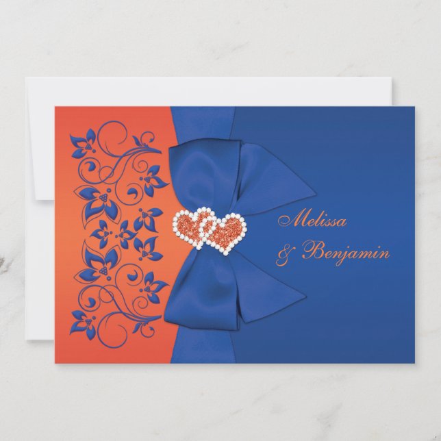 PRINTED RIBBON Blue, Orange Floral Wedding Invite (Front)