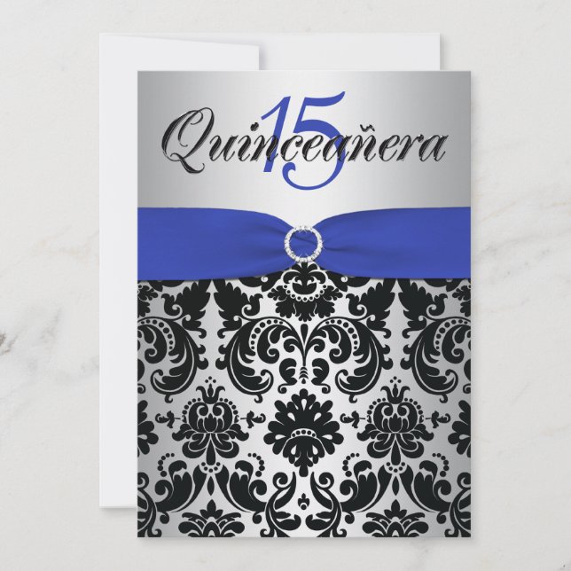 PRINTED RIBBON Blue Silver Black Quinceanera Invitation (Front)