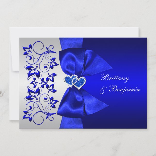 PRINTED RIBBON Blue, Silver Floral Wedding Invite (Front)