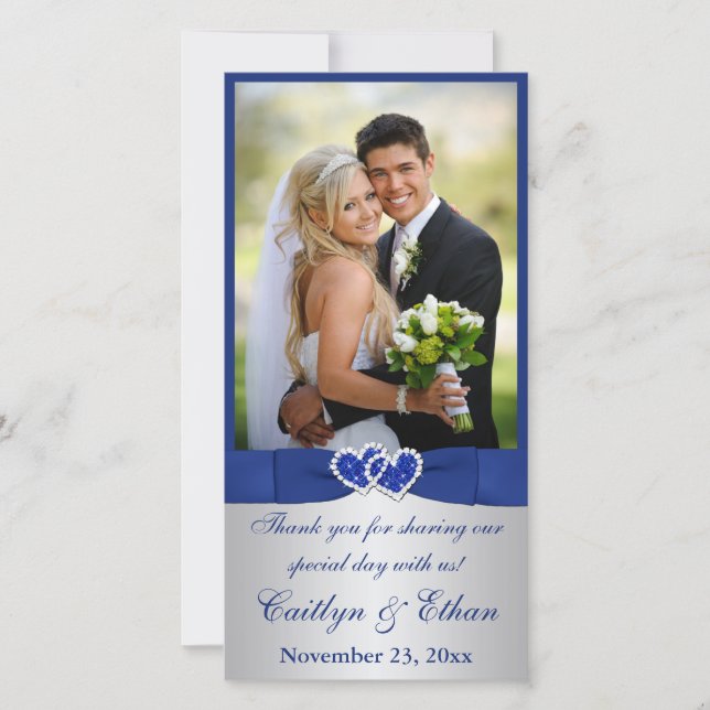 PRINTED RIBBON Blue, Silver Wedding Photo Card (Front)