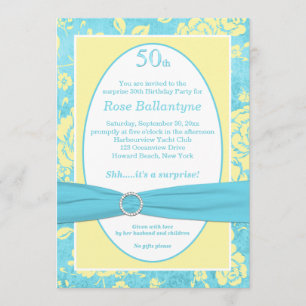 PRINTED RIBBON Blue Yellow 50th Birthday Invite