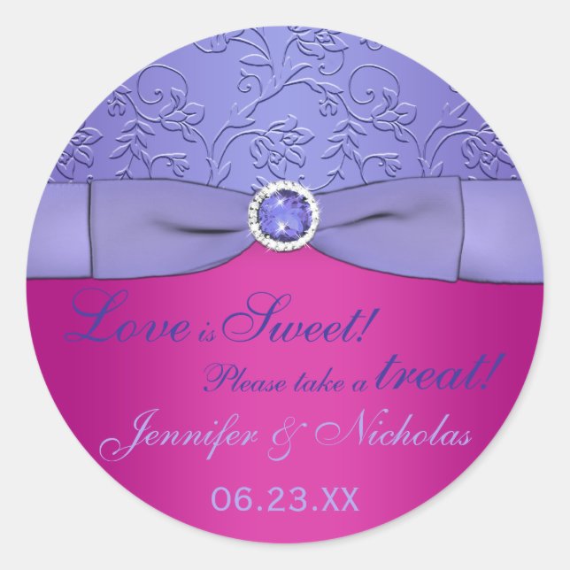 PRINTED RIBBON Fuchsia, Purple Floral Candy Buffet Classic Round Sticker (Front)