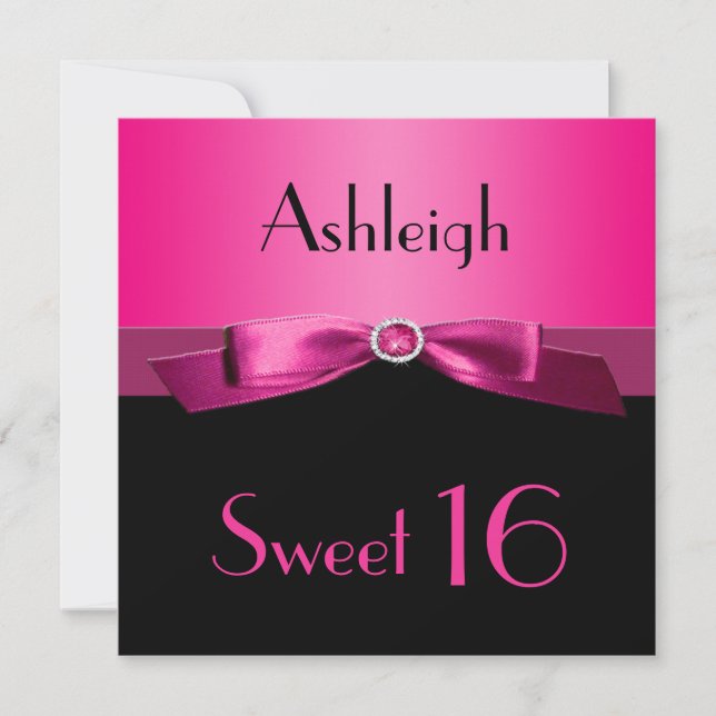 PRINTED RIBBON Hot Pink, Black Sweet 16 Invite (Front)