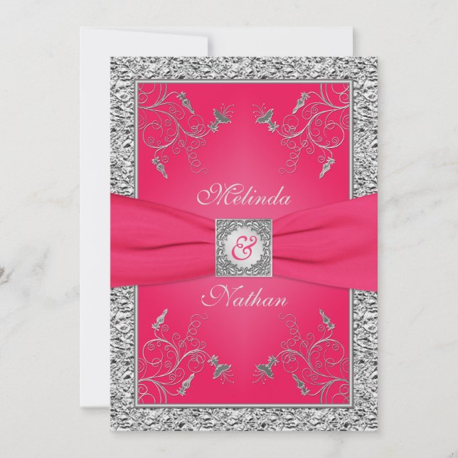 PRINTED RIBBON Hot Pink, Silver Wedding Invitation (Front)