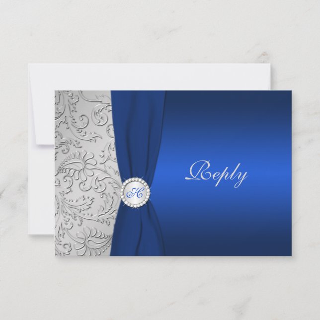 PRINTED RIBBON Navy Silver Damask RSVP Card (Front)