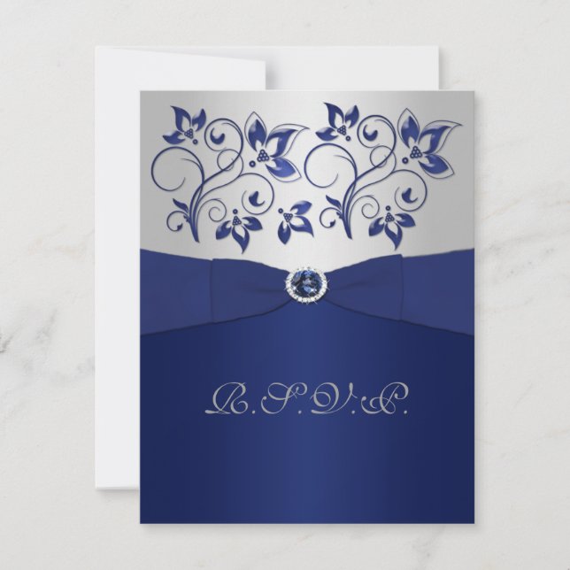 PRINTED RIBBON Navy, Silver Floral RSVP Card (Front)