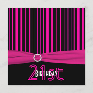PRINTED RIBBON Pink and Black Stripe 21st Birthday Invitation