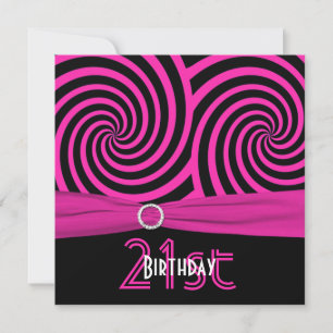 PRINTED RIBBON Pink and Black Swirls 21st Birthday Invitation