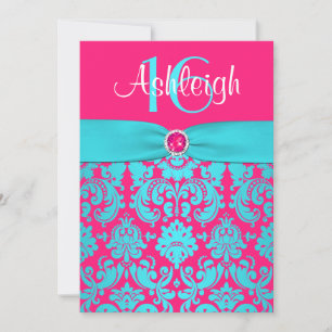 PRINTED RIBBON Pink, Aqua 16th Birthday Invite