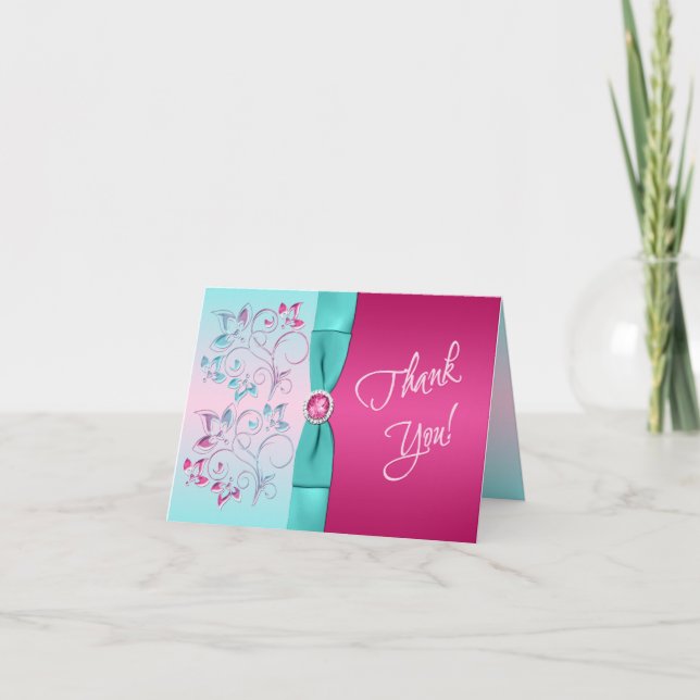 PRINTED RIBBON Pink, Aqua Floral Thank You Card (Front)