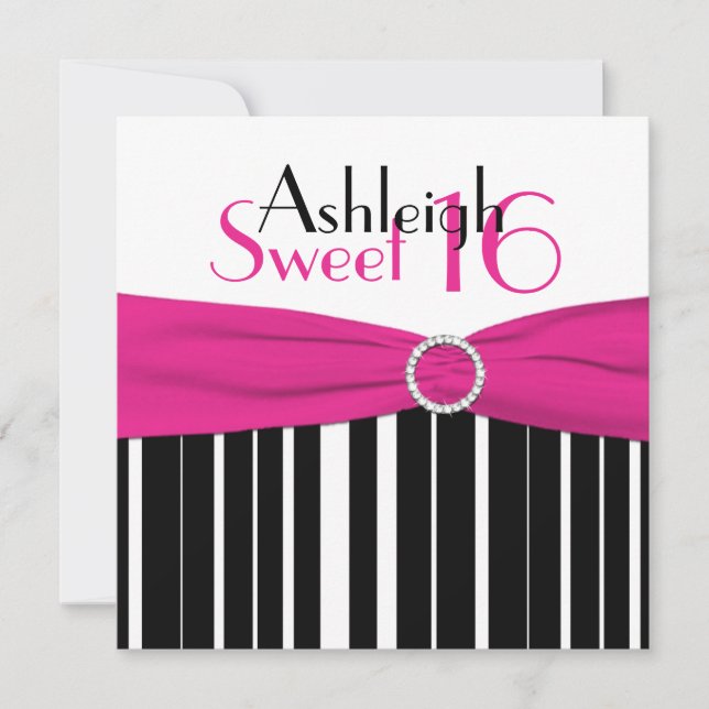 PRINTED RIBBON Pink, Black, White Sweet 16 Invite (Front)