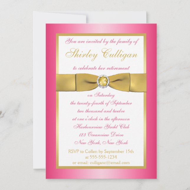 PRINTED RIBBON Pink, Gold, White Retirement Invitation (Front)