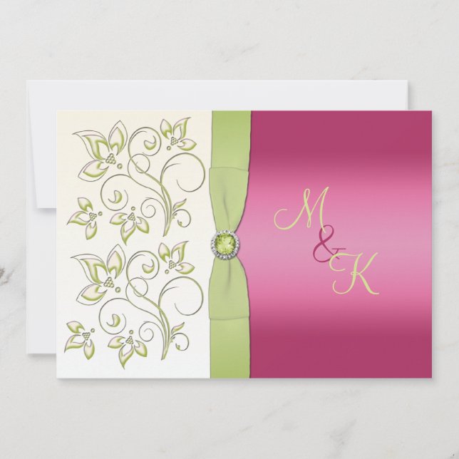 PRINTED RIBBON Pink Green Floral Monogram Invite (Front)