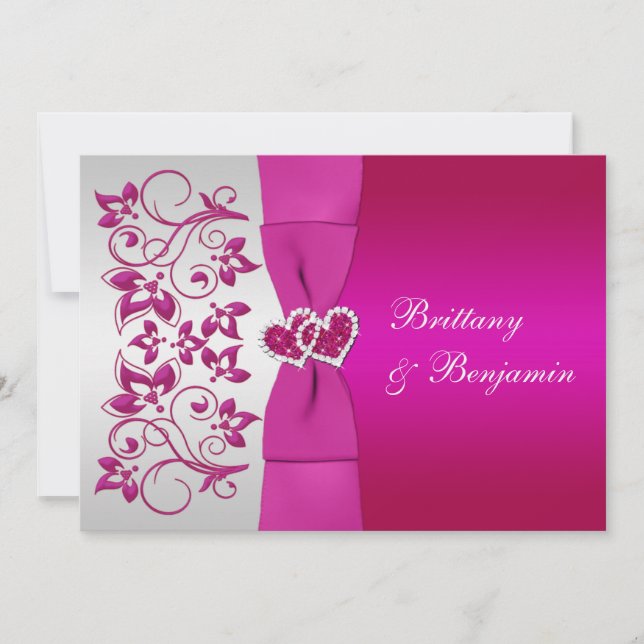 PRINTED RIBBON Pink, Silver Floral Wedding Invite (Front)