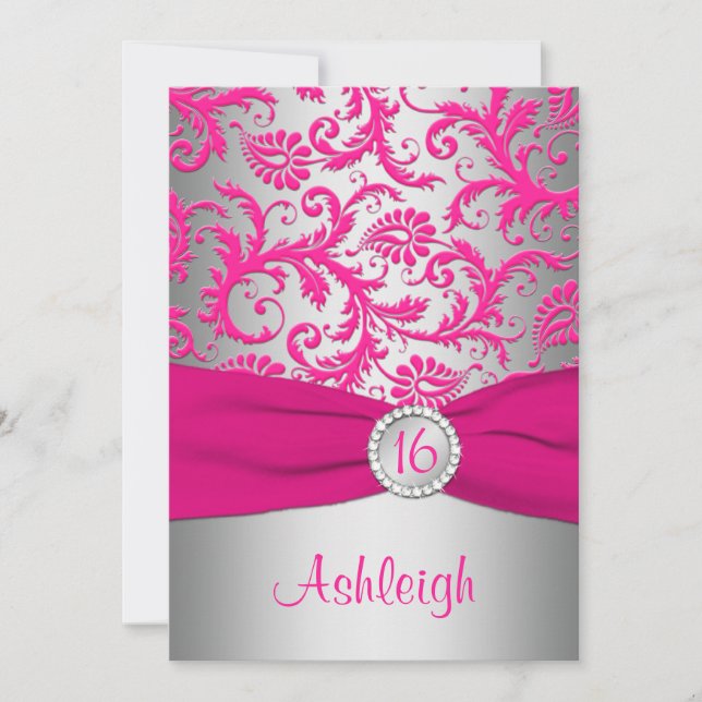 PRINTED RIBBON Pink, Silver Grey Sweet 16 Invite (Front)