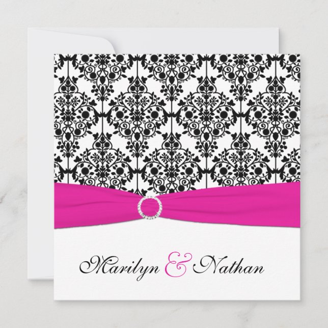 PRINTED RIBBON Pink White Black Damask Wedding Invitation (Front)