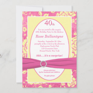 PRINTED RIBBON Pink Yellow 40th Birthday Invite