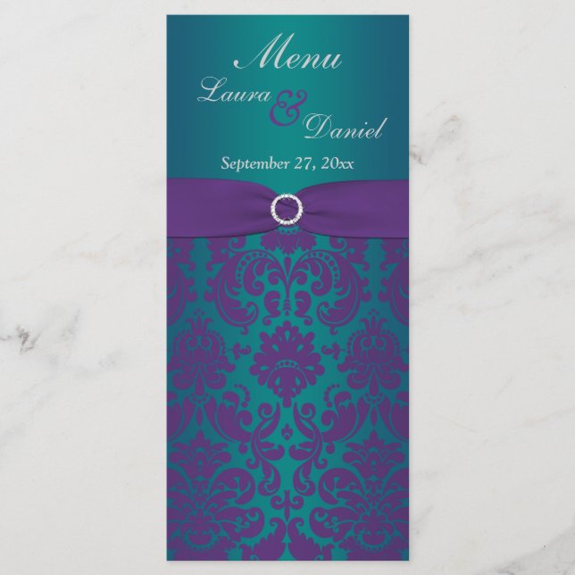 PRINTED RIBBON Prple, Teal Wedding Menu Card (Front)