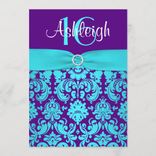 PRINTED RIBBON Purple, Aqua 16th Birthday Invite
